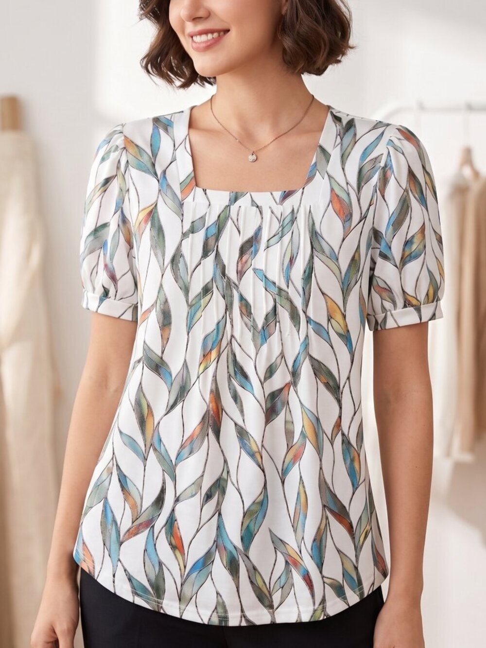 NWT | Yaztops Multi-Color Abstract Leaf Print Pleated Front Top Large